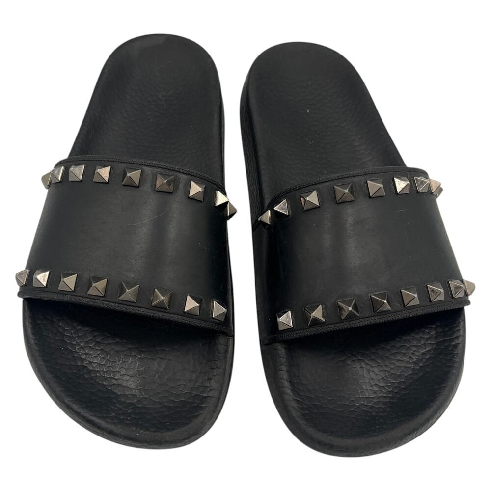 Valentino Garavani Slides Sandals Rockstud Rubber Summer Flat Black Size 6.5